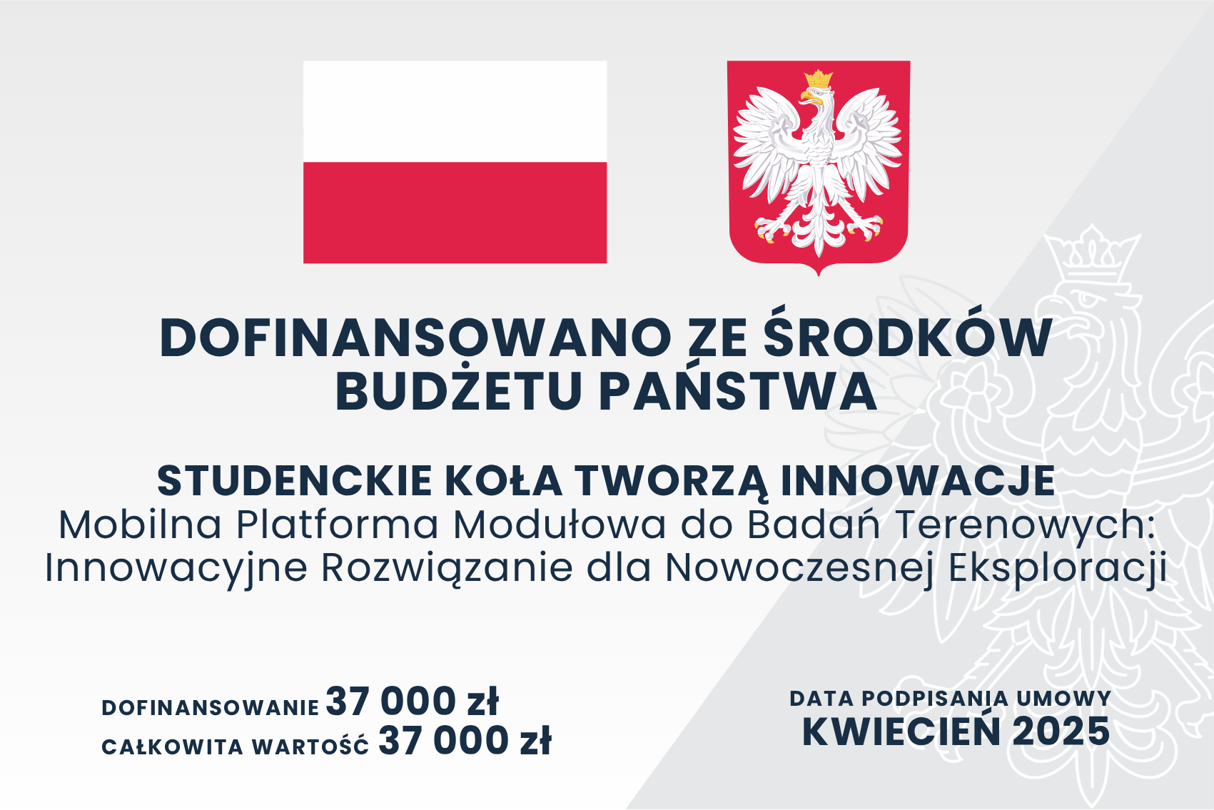 Dofinansowano ze środków budżetu państwa — Studenckie Koła Tworzą Innowacje. Mobilna Platforma Modułowa do Badań Terenowych. Dofinansowanie: 37 000 zł. Kwiecień 2025.